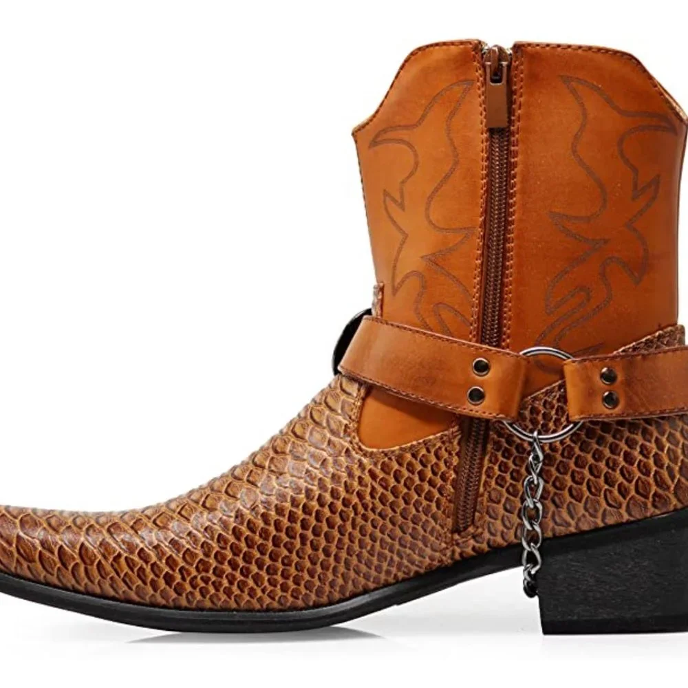 Men's Tan Western Harness Boots - Leather Exotic Texture